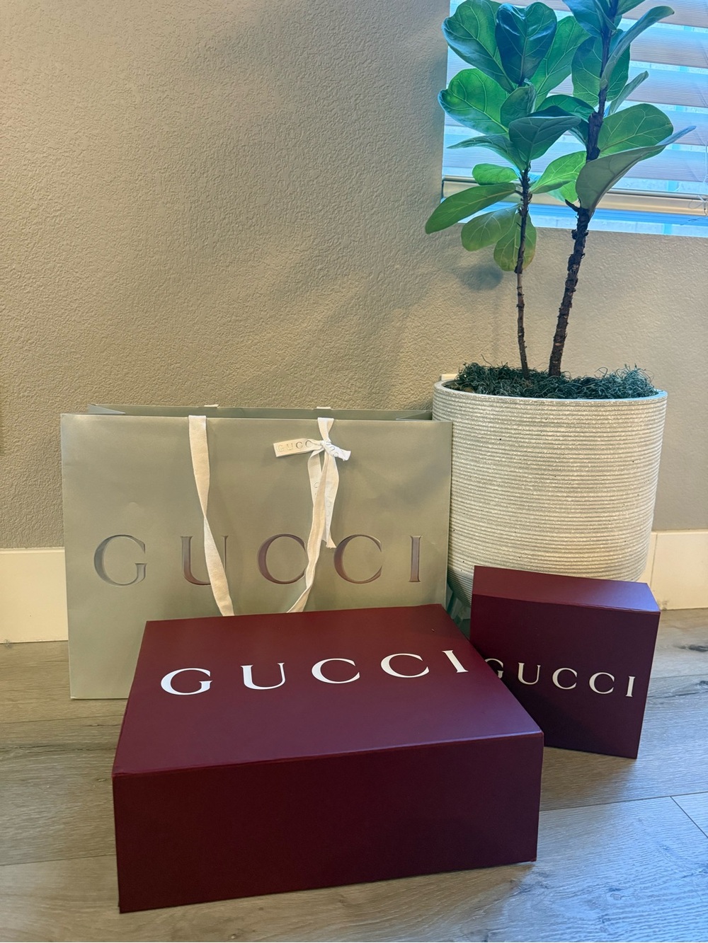 Gucci Burgundy Gift Boxes with Gucci Silver Shopping Bag